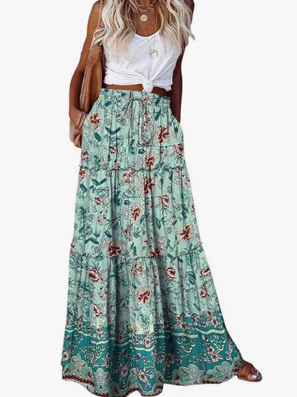 NWOT Boho Maxi Deep Pocket Chiffon Green, Teal, Red Multi Color, 3 Tier